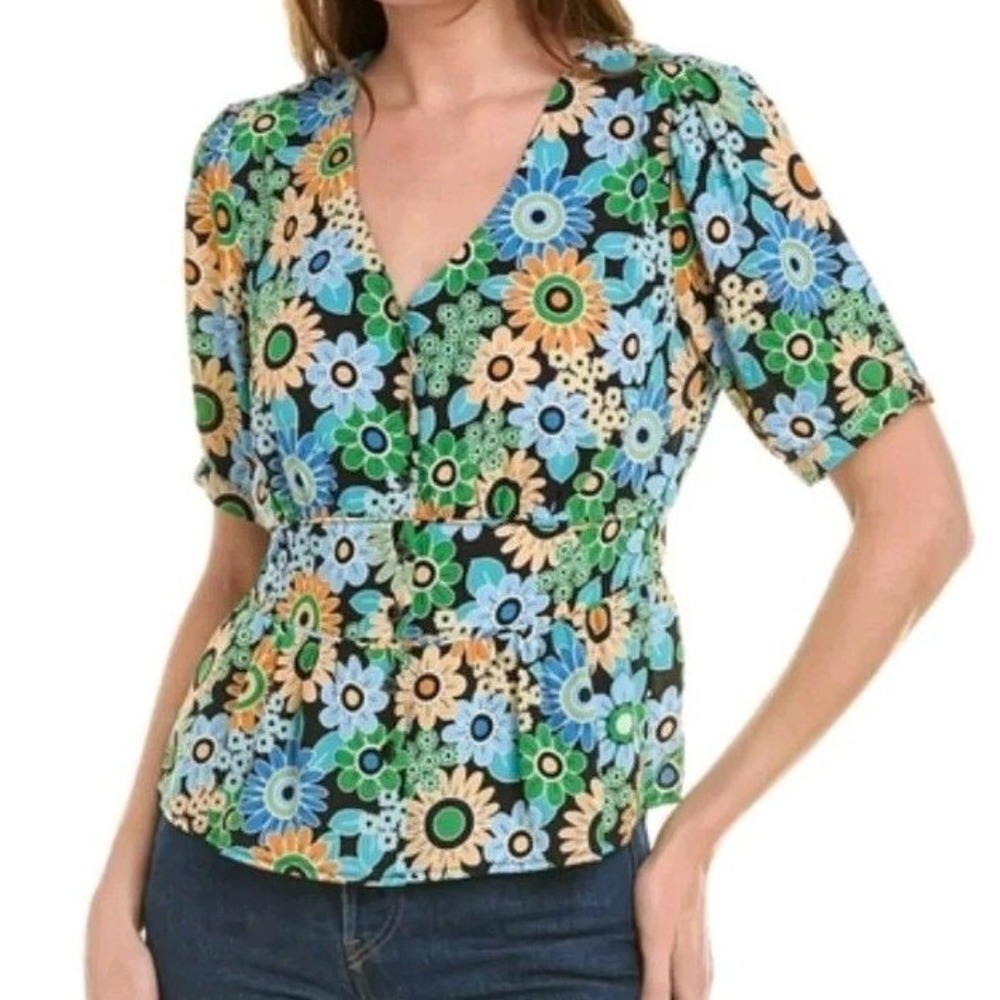 Cabi Happy Peplum Top Womens M Blue Green Floral Blouse Retro Bohemian Colorful